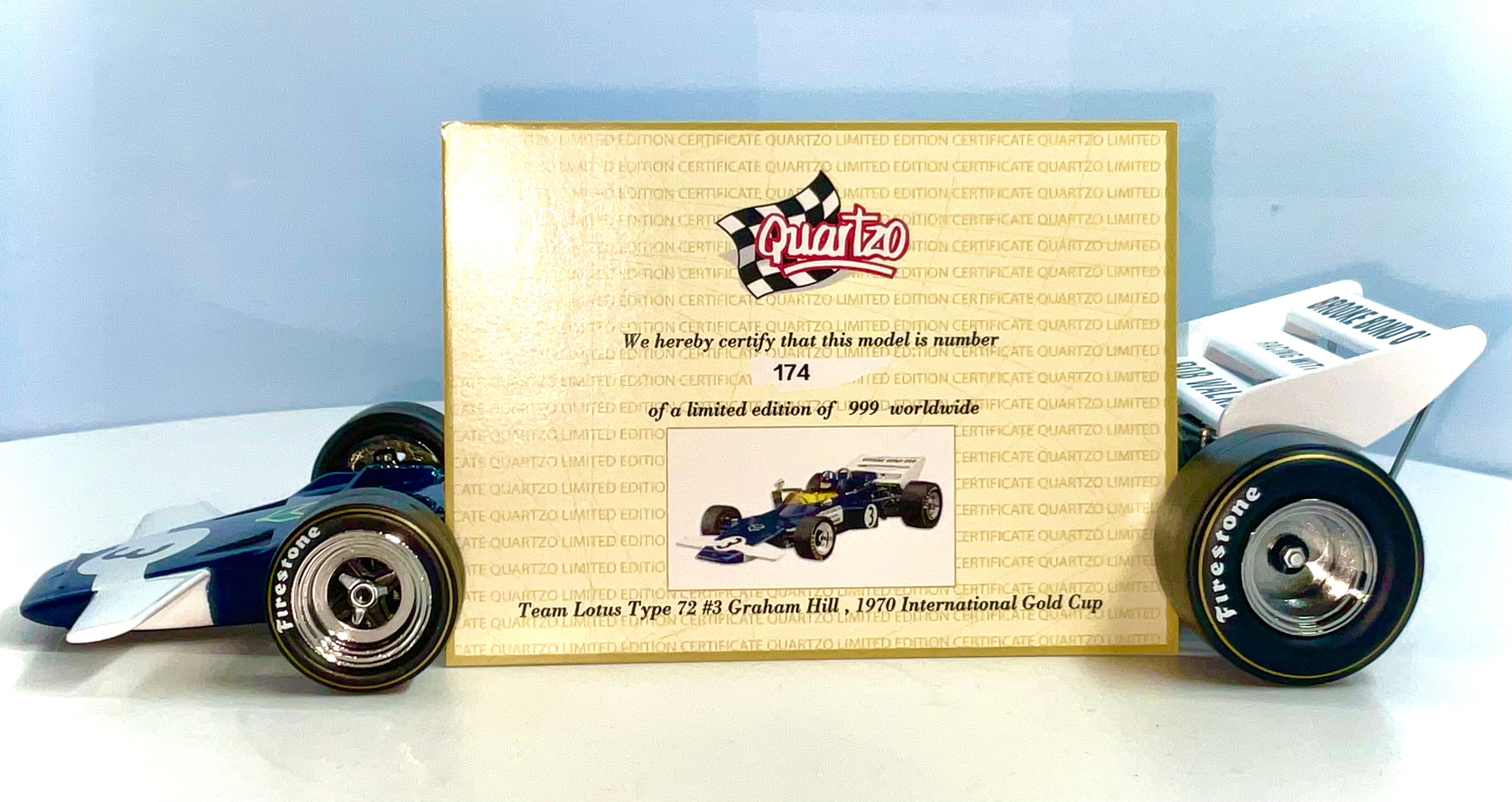 Lotus Type 72 1970 #3 Graham Hill scala 1:18 Ed. Limitata – Sun Star 18279-vista laterale con certificato numero pezzo