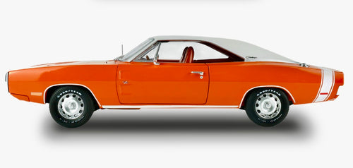1970 Dodge Charger R/T SE EK2 Go Mango White Vinyl Top & Bee Stripe – Greenlight GR19146 scala 1:18