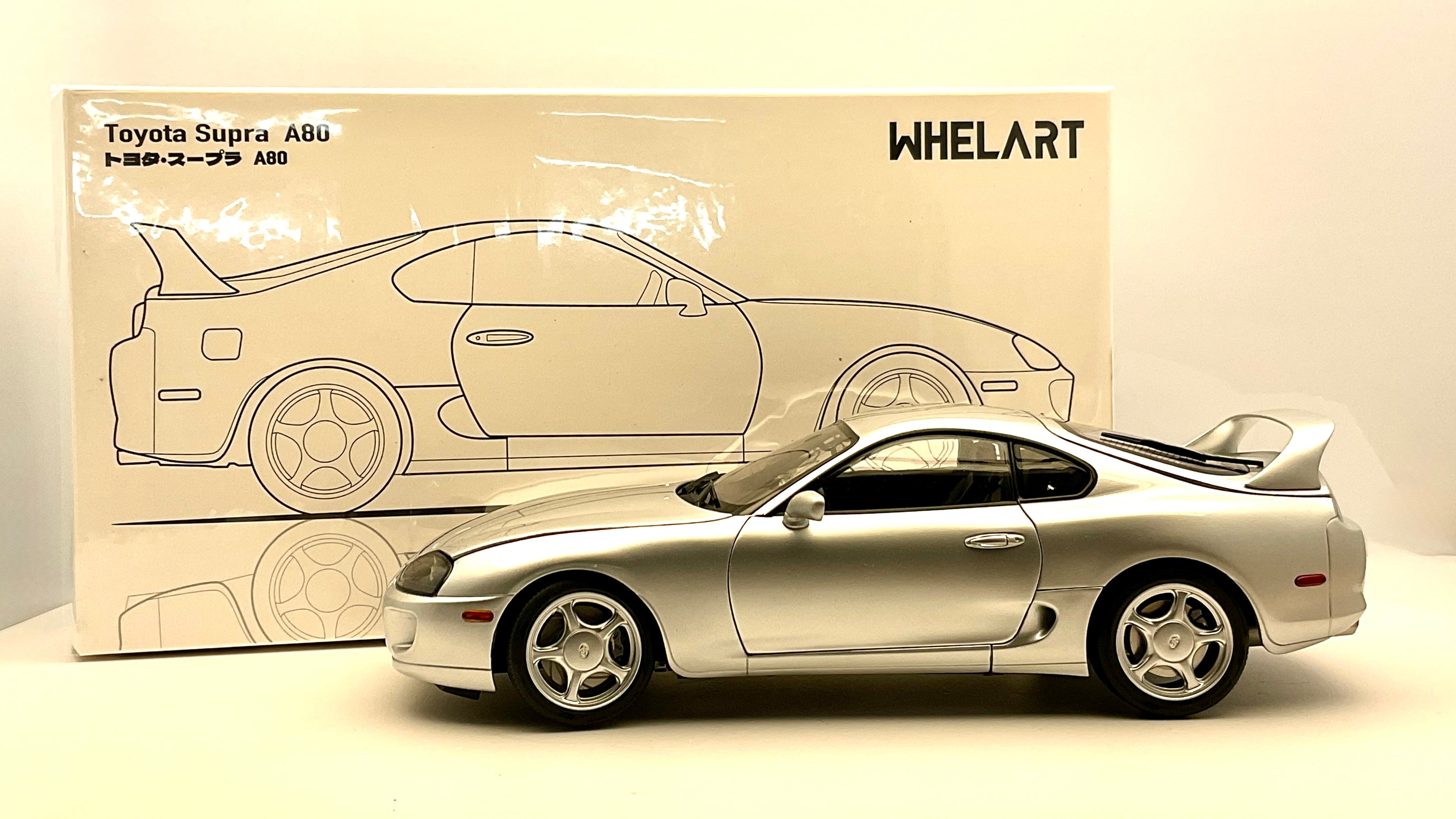 Toyota Supra A80 ( LHD ) , Whelart W-001F Die-Cast 1/18, vista laterale con confezione