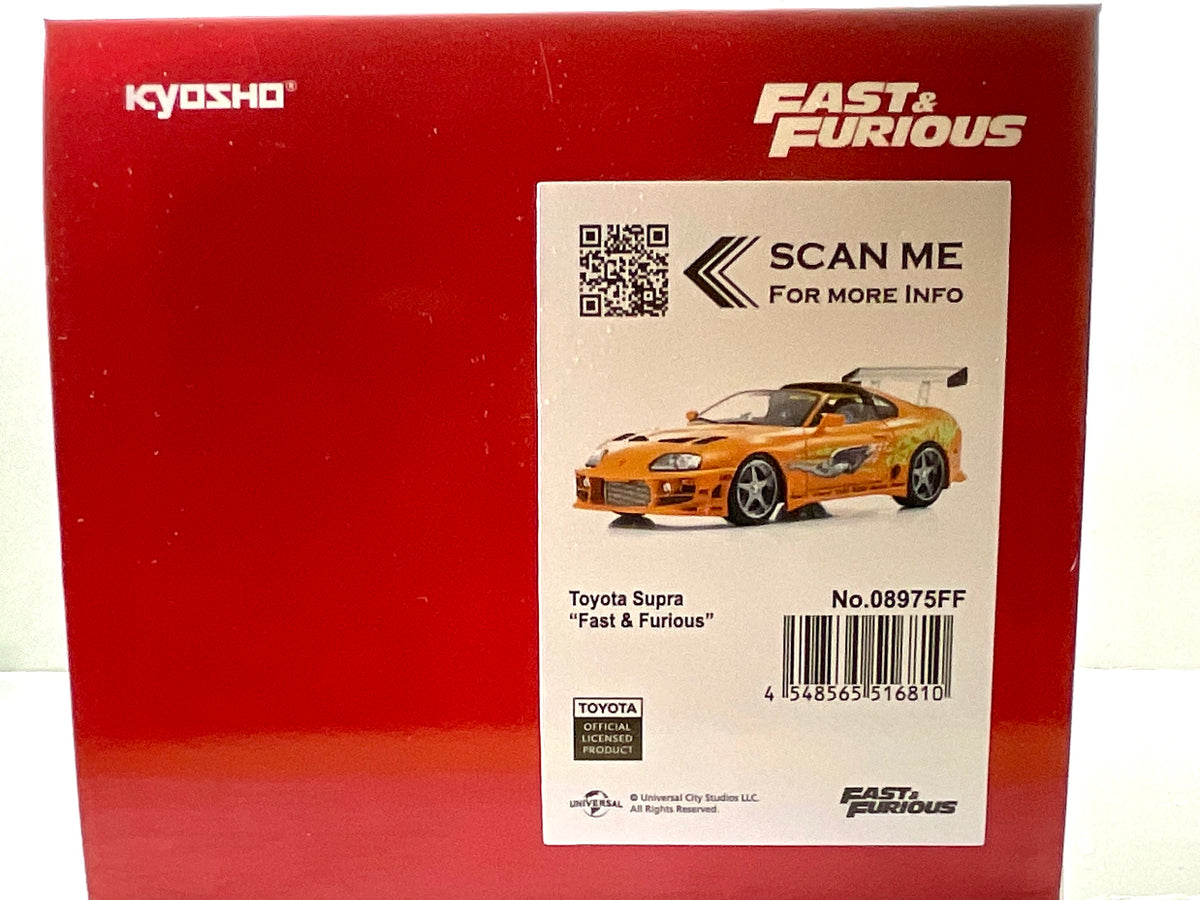 Scatola Kyosho 08975FF della Toyota Supra Fast & Furious arancione, con etichetta e codice a barre